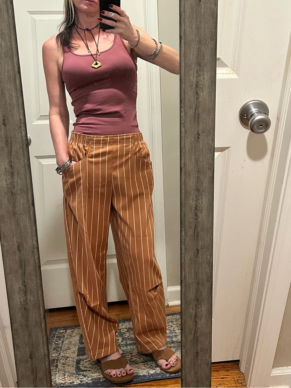 NWT Free People Nice Choice Pull-On Trousers in Brown & White Pinstripes
